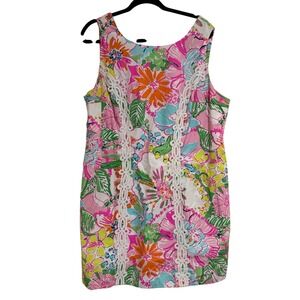 Lilly Pulitzer Floral Shift Dress 22W Cotton Pink Green Lace Trim Plus Size